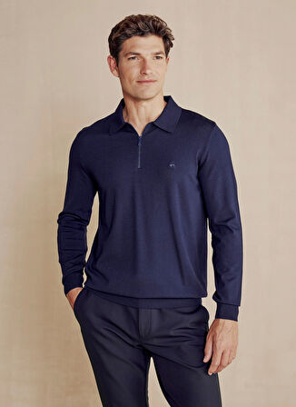 Brooks Brothers Polo Yaka Normal Lacivert Erkek Kazak Polo Yaka Düğmeli U.K Rayon Kazak