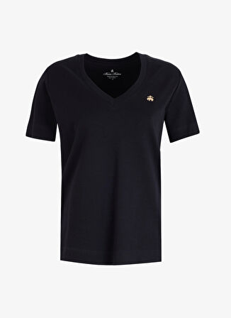 Brooks Brothers V Yaka Siyah Kadın T-Shirt Gold Nakışlı V Yaka Basic T-shirt