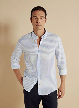 Brooks Brothers Slim Fit Düğmeli Yaka Mavi - Beyaz Erkek Gömlek BBSS24MSH063