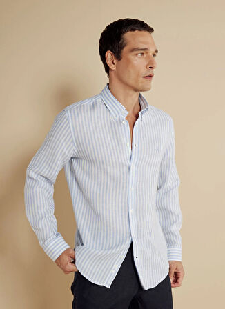 Brooks Brothers Slim Fit Düğmeli Yaka Mavi - Beyaz Erkek Gömlek BBSS24MSH063