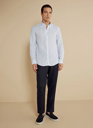 Brooks Brothers Slim Fit Düğmeli Yaka Mavi - Beyaz Erkek Gömlek BBSS24MSH063