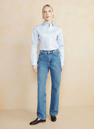 Brooks Brothers Normal Bel Ankle Paça Normal Mavi Kadın Denim Pantolon Metal Toka Detaylı Straight Fit Den