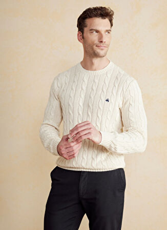 Brooks Brothers Bisiklet Yaka Standart Saç Örgü Desenli Kırık Beyaz Erkek Kazak BBSS25MKL021