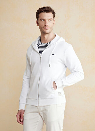 Brooks Brothers Kapüşon Yaka Kırık Beyaz Erkek Sweatshırt BBSS25MSW003