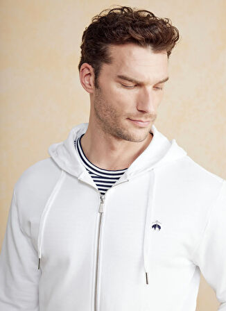 Brooks Brothers Kapüşon Yaka Kırık Beyaz Erkek Sweatshırt BBSS25MSW003