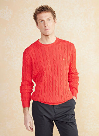 Brooks Brothers Bisiklet Yaka Standart Saç Örgü Desenli Kırmızı Erkek Kazak BBSS25MKL021