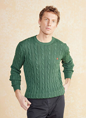 Brooks Brothers Bisiklet Yaka Standart Saç Örgü Desenli Koyu Yeşil Erkek Kazak BBSS25MKL021