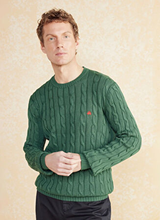 Brooks Brothers Bisiklet Yaka Standart Saç Örgü Desenli Koyu Yeşil Erkek Kazak BBSS25MKL021