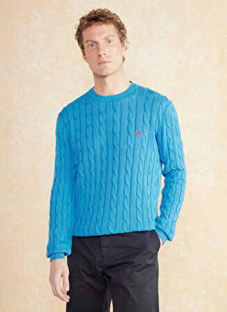 Brooks Brothers Bisiklet Yaka Standart Saç Örgü Desenli Saks - Mavi Erkek Kazak BBSS25MKL021