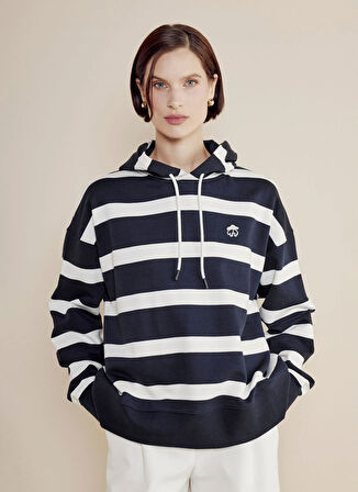 Brooks Brothers Kapüşon Yaka Çizgili Lacivert - Beyaz Kadın Sweatshırt BBSS25FSW001