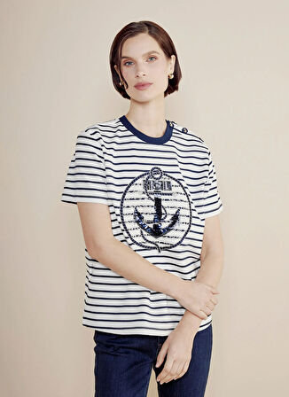 Brooks Brothers Bisiklet Yaka Çizgili Lacivert - Beyaz Kadın T-Shirt BBSS25FTS004