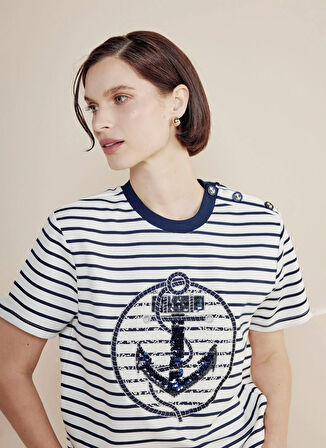 Brooks Brothers Bisiklet Yaka Çizgili Lacivert - Beyaz Kadın T-Shirt BBSS25FTS004