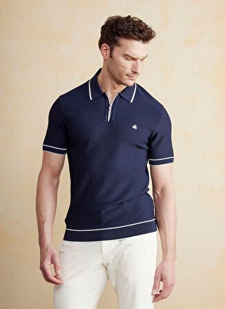 Brooks Brothers Polo Yaka Standart Petek Desenli Lacivert - Beyaz Erkek Kazak BBSS25MKL005