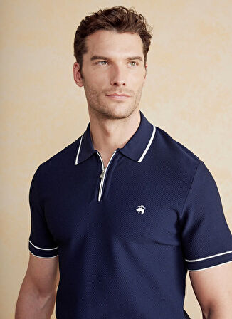 Brooks Brothers Polo Yaka Standart Petek Desenli Lacivert - Beyaz Erkek Kazak BBSS25MKL005
