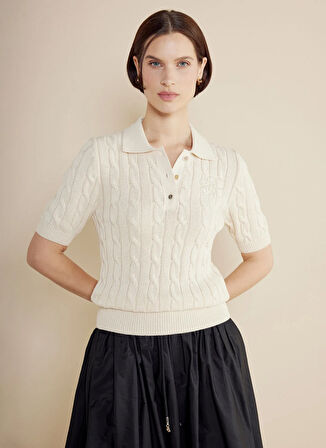 Brooks Brothers Polo Yaka Standart Desenli Krem Kazak Kadın BBSS25FKL008