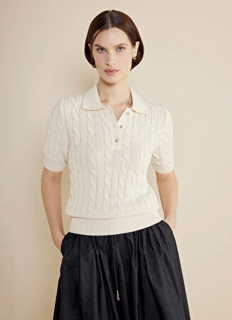 Brooks Brothers Polo Yaka Standart Desenli Krem Kazak Kadın BBSS25FKL008