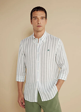 Brooks Brothers Regular Fit Düğmeli Yaka Yeşil - Beyaz Erkek Gömlek BBSS25MSH018