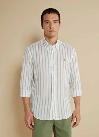 Brooks Brothers Regular Fit Düğmeli Yaka Yeşil - Beyaz Erkek Gömlek BBSS25MSH018