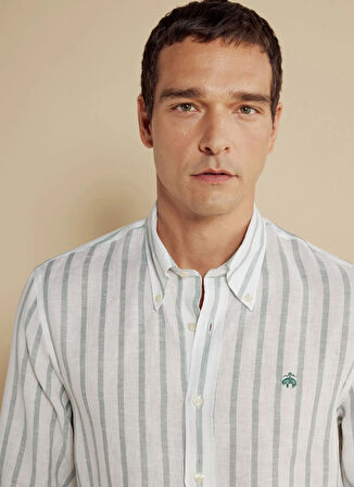 Brooks Brothers Regular Fit Düğmeli Yaka Yeşil - Beyaz Erkek Gömlek BBSS25MSH018