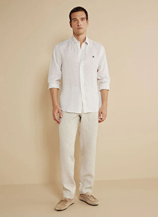 Brooks Brothers Regular Fit Düğmeli Yaka Beyaz - Bej Erkek Gömlek BBSS25MSH019