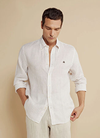 Brooks Brothers Regular Fit Düğmeli Yaka Beyaz - Bej Erkek Gömlek BBSS25MSH019