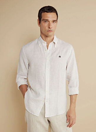 Brooks Brothers Regular Fit Düğmeli Yaka Beyaz - Bej Erkek Gömlek BBSS25MSH019