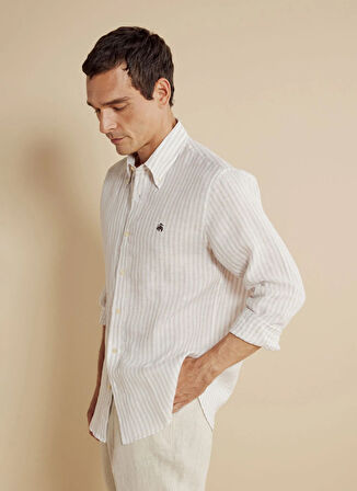 Brooks Brothers Regular Fit Düğmeli Yaka Beyaz - Bej Erkek Gömlek BBSS25MSH019