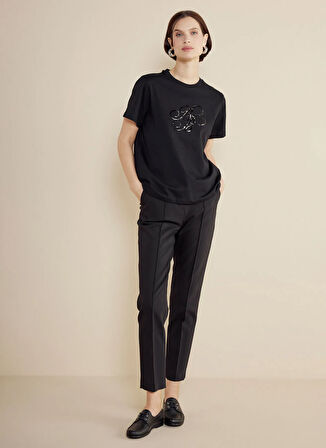 Brooks Brothers Normal Bel Standart Siyah Kadın Pantolon Metal Logolu Nervürlü Basic Pantolo