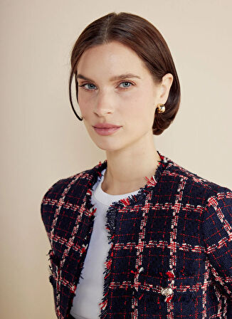 Brooks Brothers Oversize Lacivert - Kırmızı Kadın Ceket Gold Düğmeli Püskül Detaylı Kareli