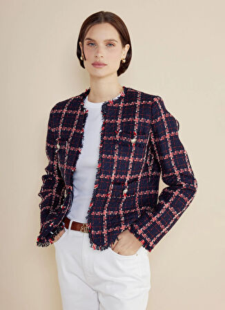 Brooks Brothers Oversize Lacivert - Kırmızı Kadın Ceket Gold Düğmeli Püskül Detaylı Kareli