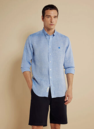 Brooks Brothers Regular Fit Düğmeli Yaka Mavi Erkek Gömlek BBSS25MSH012