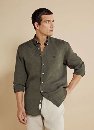 Brooks Brothers Regular Fit Düğmeli Yaka Haki Erkek Gömlek BBSS25MSH012