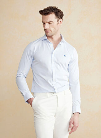 Brooks Brothers Slim Fit Düğmeli Yaka Mavi - Beyaz Erkek Gömlek BBSS25MSH006