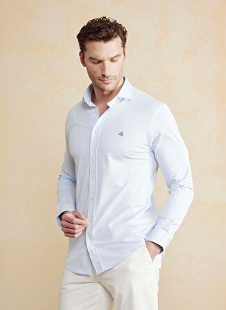 Brooks Brothers Slim Fit Düğmeli Yaka Mavi - Beyaz Erkek Gömlek BBSS25MSH006