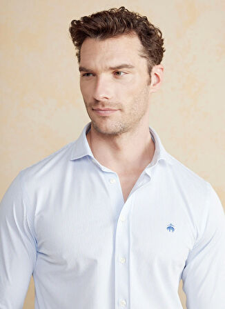 Brooks Brothers Slim Fit Düğmeli Yaka Mavi - Beyaz Erkek Gömlek BBSS25MSH006