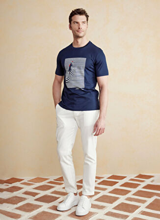 Brooks Brothers Bisiklet Yaka Baskılı Lacivert Erkek T-Shirt BBSS25MTS007