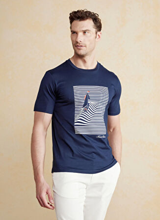 Brooks Brothers Bisiklet Yaka Baskılı Lacivert Erkek T-Shirt BBSS25MTS007