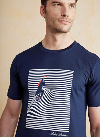 Brooks Brothers Bisiklet Yaka Baskılı Lacivert Erkek T-Shirt BBSS25MTS007