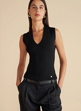 Brooks Brothers V Yaka Standart Siyah Kadın Kazak Derin V Yaka Rayon Triko Bluz