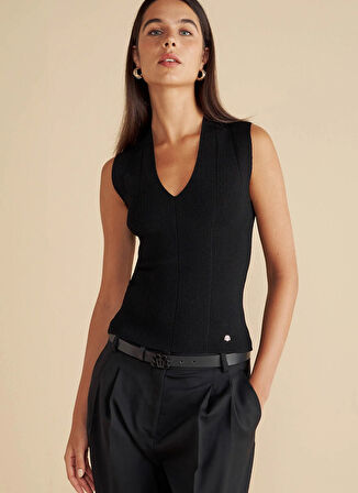 Brooks Brothers V Yaka Standart Siyah Kadın Kazak Derin V Yaka Rayon Triko Bluz