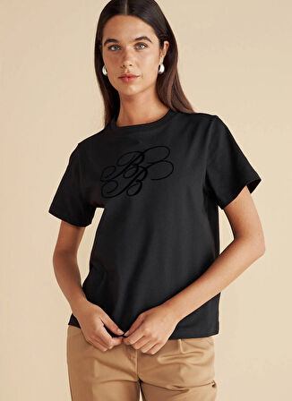 Brooks Brothers Bisiklet Yaka Baskılı Siyah Kadın T-Shirt Bisiklet Yaka Flok Baskılı T-shirt