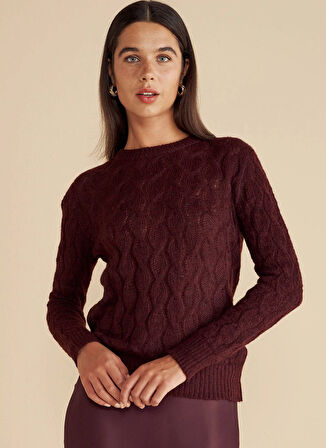 Brooks Brothers Bisiklet Yaka Standart Saç Örgü Desenli Bordo Kazak Kadın Bisiklet Yaka Saç Örgü Yün Kazak