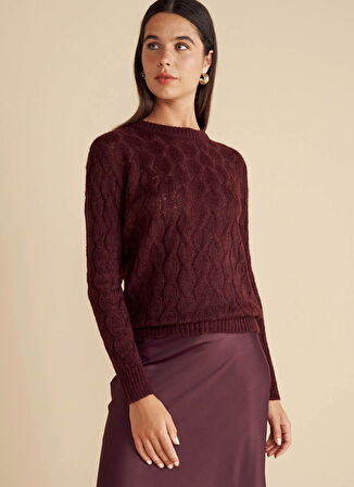 Brooks Brothers Bisiklet Yaka Standart Saç Örgü Desenli Bordo Kazak Kadın Bisiklet Yaka Saç Örgü Yün Kazak