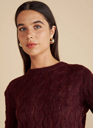 Brooks Brothers Bisiklet Yaka Standart Saç Örgü Desenli Bordo Kazak Kadın Bisiklet Yaka Saç Örgü Yün Kazak