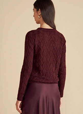 Brooks Brothers Bisiklet Yaka Standart Saç Örgü Desenli Bordo Kazak Kadın Bisiklet Yaka Saç Örgü Yün Kazak