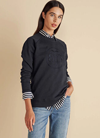 Brooks Brothers Bisiklet Yaka Nakışlı Lacivert Kadın Sweatshırt Bisiklet Yaka Önü BB Nakışlı Sweats