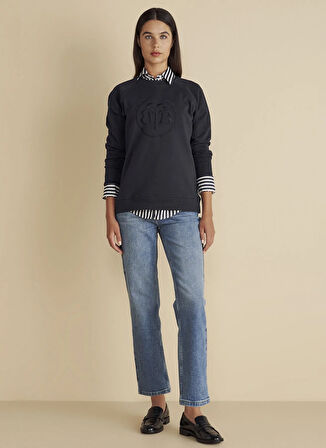 Brooks Brothers Bisiklet Yaka Nakışlı Lacivert Kadın Sweatshırt Bisiklet Yaka Önü BB Nakışlı Sweats