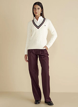 Brooks Brothers V Yaka Standart Saç Örgü Desenli Ekru Kazak Kadın V Yaka Saç Örgü Kolej Yün Kazak