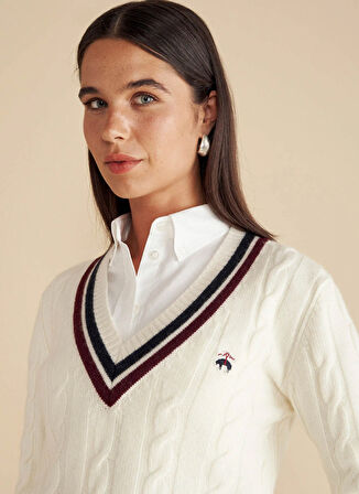 Brooks Brothers V Yaka Standart Saç Örgü Desenli Ekru Kazak Kadın V Yaka Saç Örgü Kolej Yün Kazak