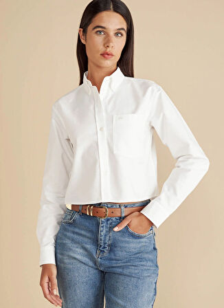 Brooks Brothers Regular Fit Gömlek Yaka Beyaz Kadın Gömlek %100 Pamuk Logo Nakışlı Crop Oxford